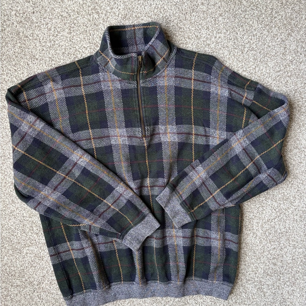 Gant Men's Gray and Green Plaid Zip-Up Sweater